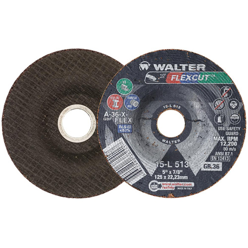 Meule FLEXCUT, 5", 36 Grain, Oxyde d'aluminium, 7/8", 12 200 Tr/min, Type 29 Cantin et fils