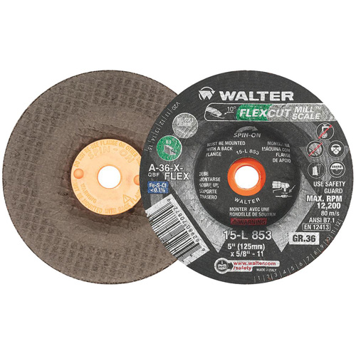 FLEXCUT MILL SCALE Grinding Wheel, 5", 36 Grit, Aluminum Oxide, 5/8"-11, 12200 RPM, Type 29 Cantin et fils