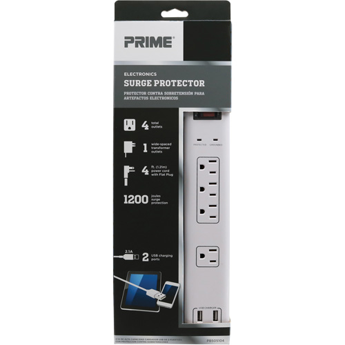 USB Charging Surge Protectors, 4 Outlets, 1200 J, 1875 W, 4' Cord Cantin et fils