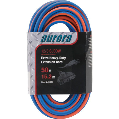 TPE-Rubber Extension Cord with Light Indicator, All-Weather, SJEOW, 12/3 AWG, 15 A, 3 Outlet(s), 50' Cantin et fils