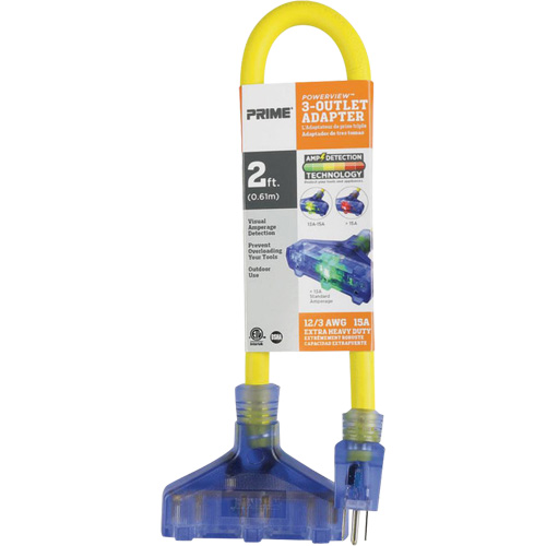Adapter with Visual Amperage Detection, Outdoor, 12/3 AWG, 15 A, 3 Outlet(s), 2' Cantin et fils