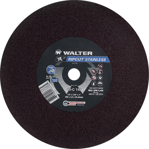 Meule &agrave; tronçonner Ripcut II pour la coupe de l'acier inoxydable sur scies fixes, 14" x 1/8", Arbre de 1", Type 1, Oxyde d'aluminium, 4400 Tr/min Cantin et fils