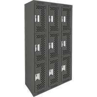 Clean Line Lockers, 3 -tier, Bank of 3, 36" x 12" x 72", Steel, Charcoal, Rivet (Assembled), Perforated Cantin et fils