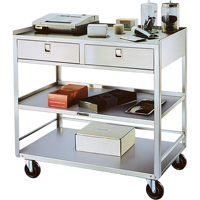 Supports en acier inoxydable pour &eacute;quipement, 300 lb Capacit&eacute;, Acier inoxydable, 20"/20-1/8" x la, 35" x ha, 37"/36-3/8" p, D&eacute;mont&eacute;, 2 tirroirs Cantin et fils