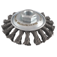 Brosses soucoupes &agrave; fils nou&eacute;s, Dia. 4", Fils 0,02", Arbre 5/8"-11, Acier Cantin et fils