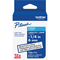 Ruban lamin&eacute; TZe-111 pour &eacute;tiqueteuses P-Touch compatibles avec les rubans TZe, Noir sur transparent, Largeur de 0,23" Cantin et fils