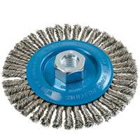 Brosse &agrave; fils &eacute;troits nou&eacute;s et torsad&eacute;s, Dia. 5", Fils 0,02", Arbre 5/8"-11, Aluminium/Acier inoxydable Cantin et fils